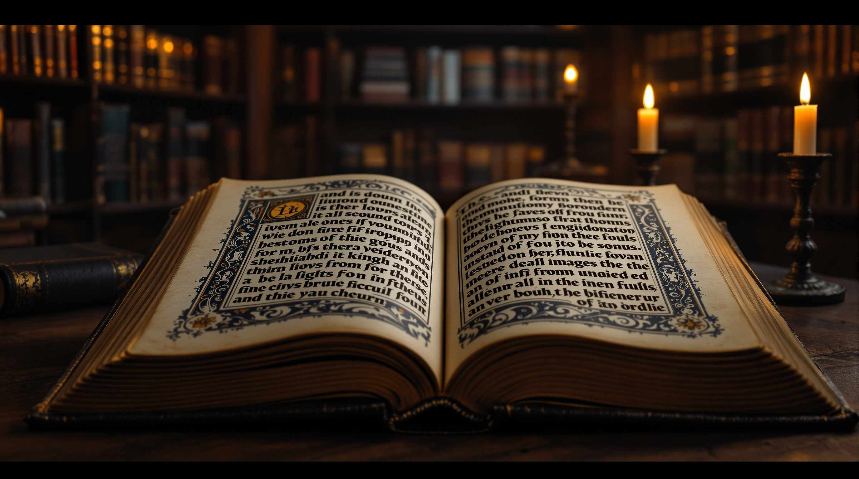 Ancient illuminated manuscript in scholarly library