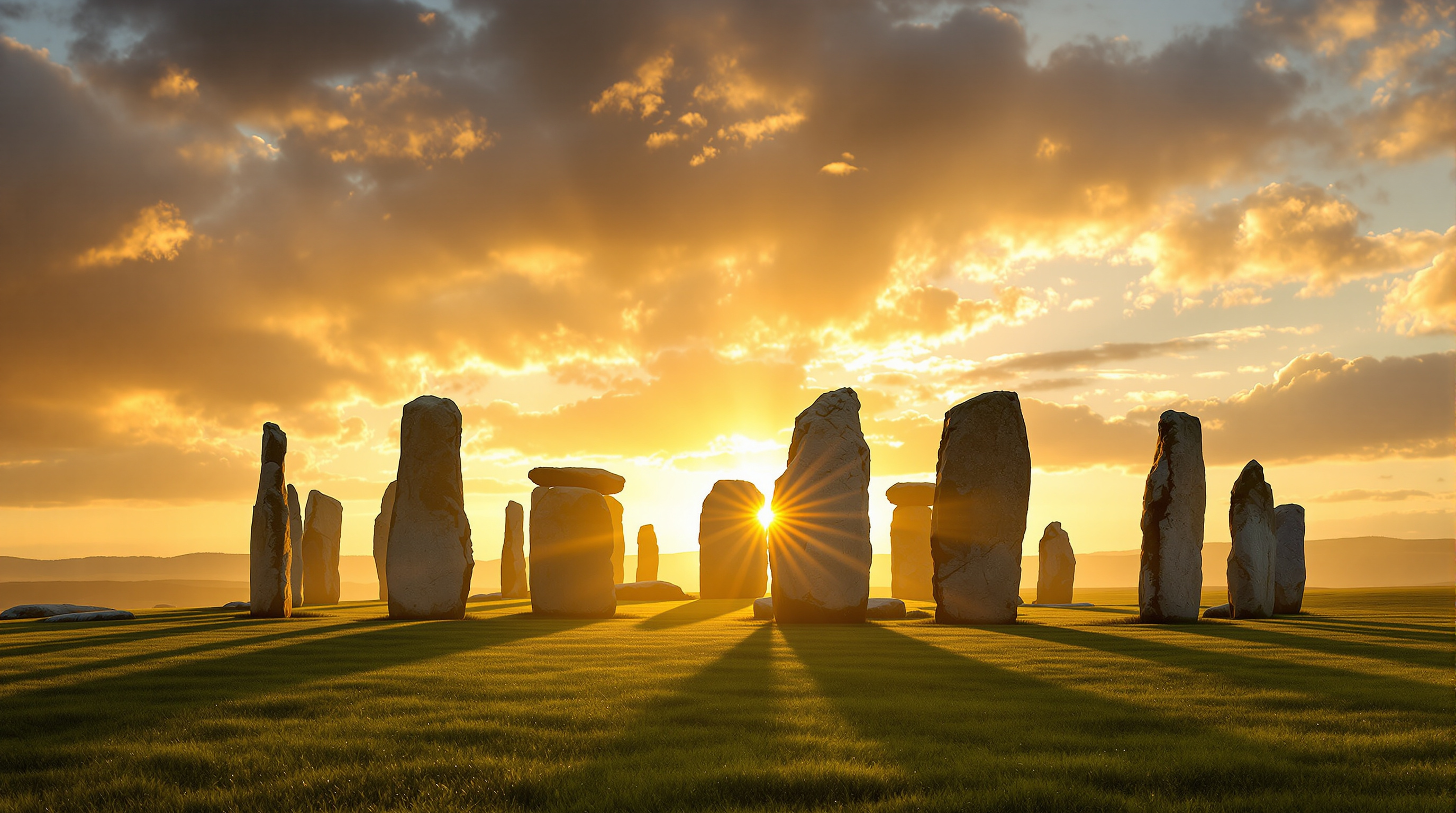 Ancient stone circle at sunrise with dramatic morning mist