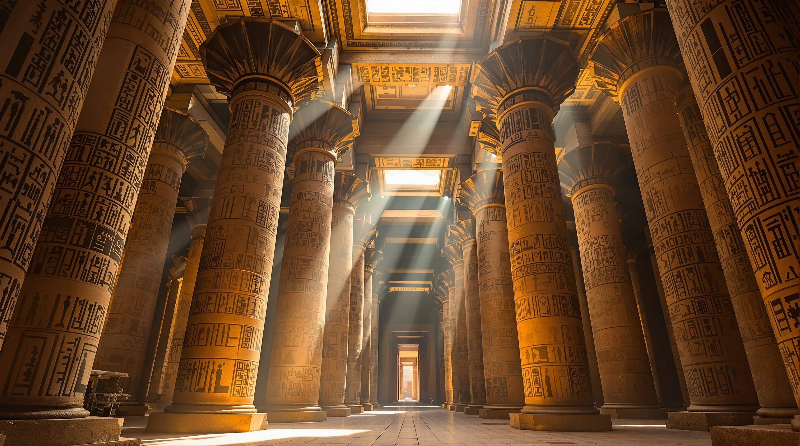 Ancient Egyptian temple interior with hieroglyph-covered columns and shafts of light