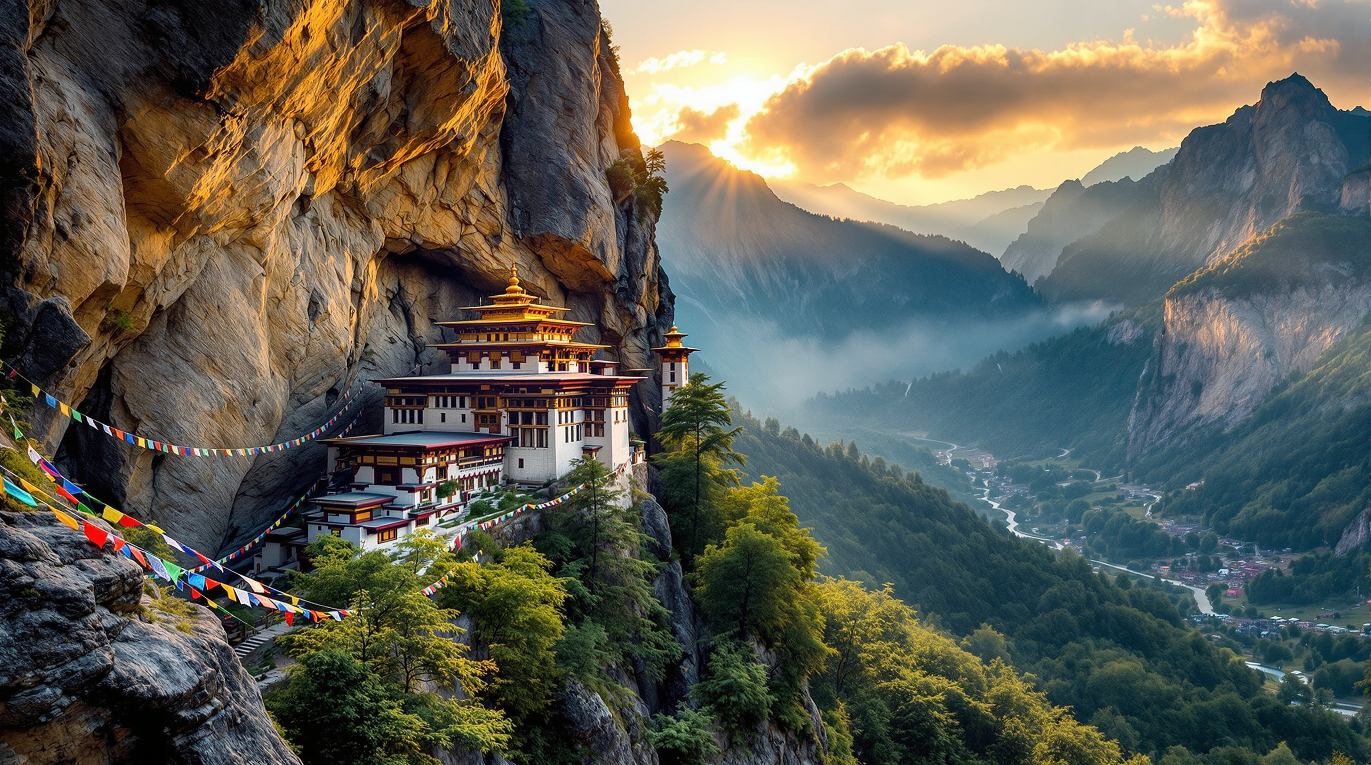 Ancient Buddhist cliff monastery with prayer flags at golden hour