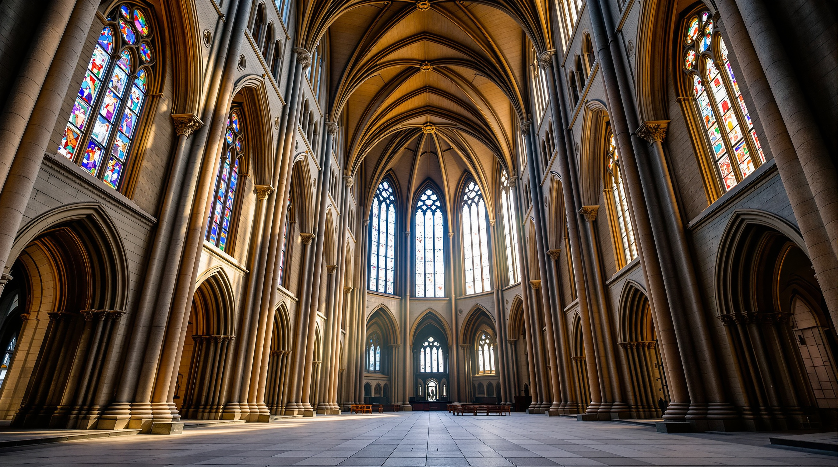 Interior of Gothic cathedral with stained glass light