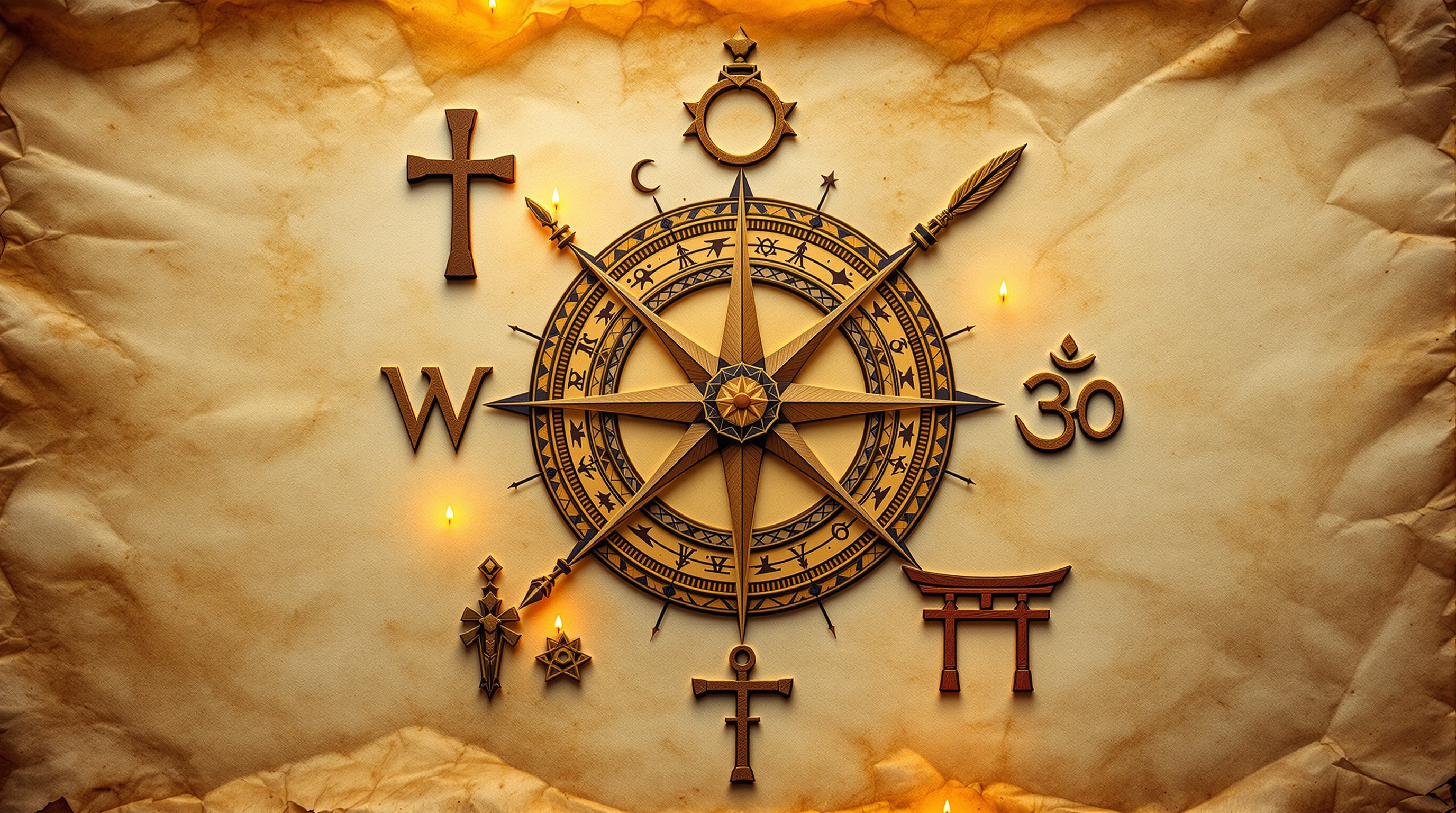 World religion symbols on aged parchment