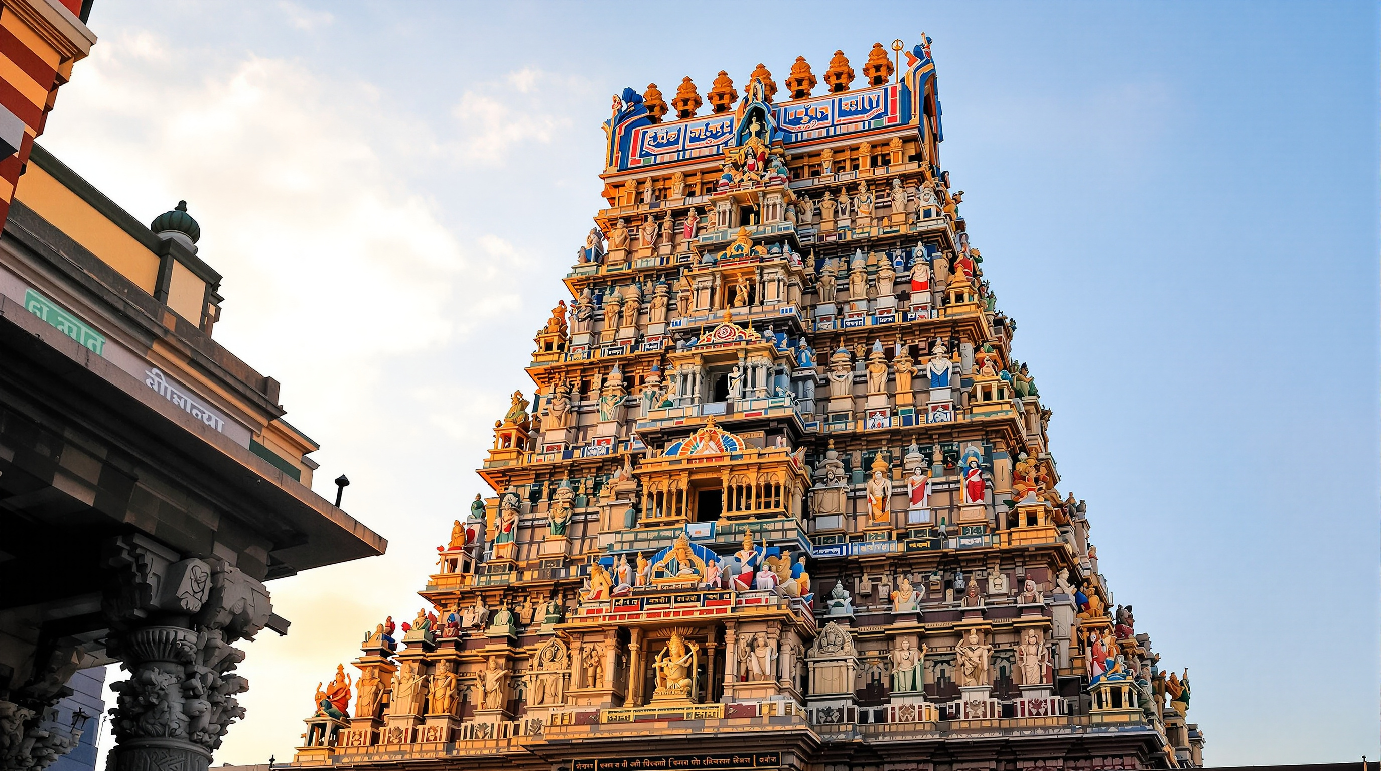Ornate Hindu temple gopuram with intricate stone carvings, Madurai India