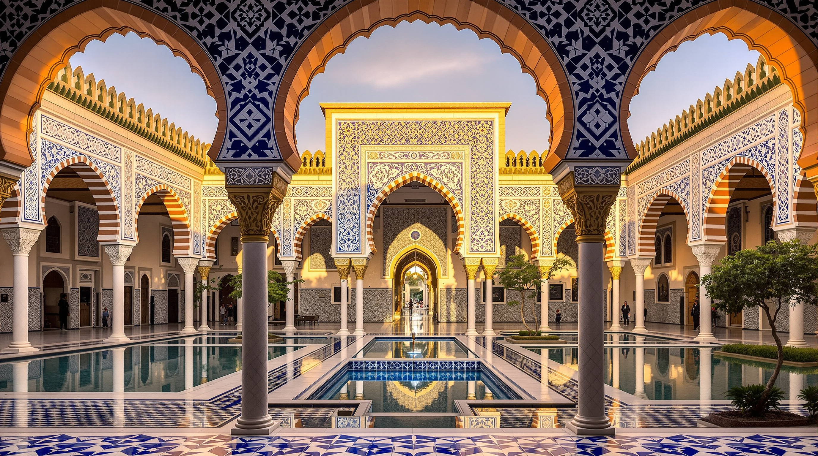 Grand mosque courtyard with geometric tile patterns and reflecting pool