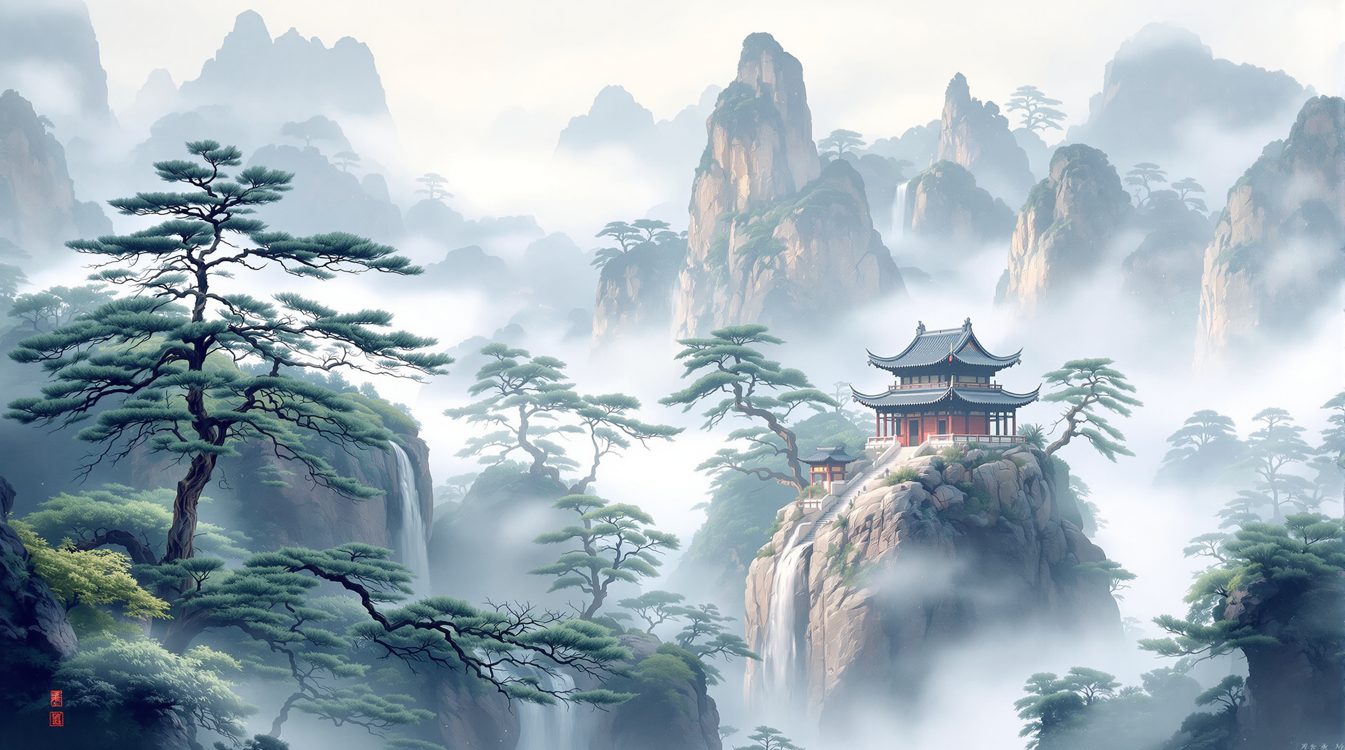 Misty mountain landscape with traditional Chinese pavilion
